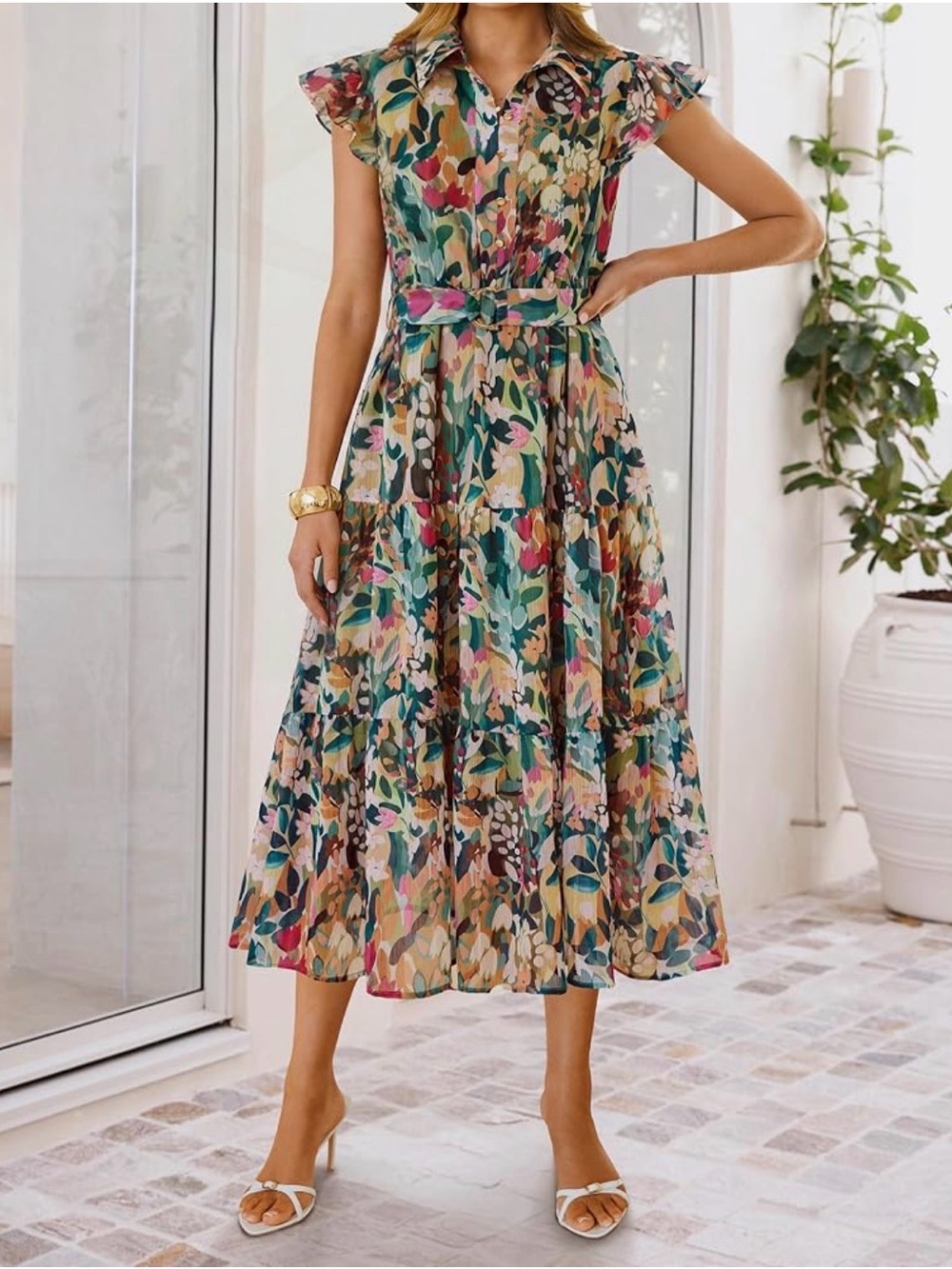 Button-Front Floral Midi Dress with Self-Tie Belt - Multicolor